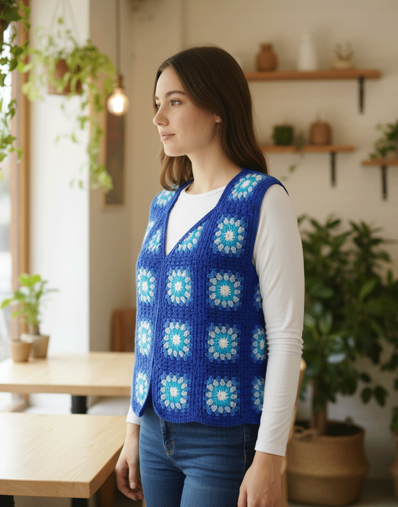 Deniz Esintisi El Örgüsü Granny Square Kadın Yeleği