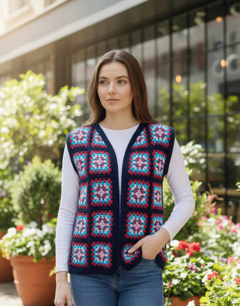 Renkli Rüyalar El Örgüsü Granny Square Kadın Yeleği