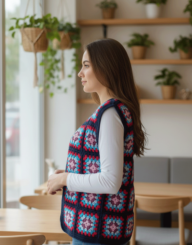 Renkli Rüyalar El Örgüsü Granny Square Kadın Yeleği