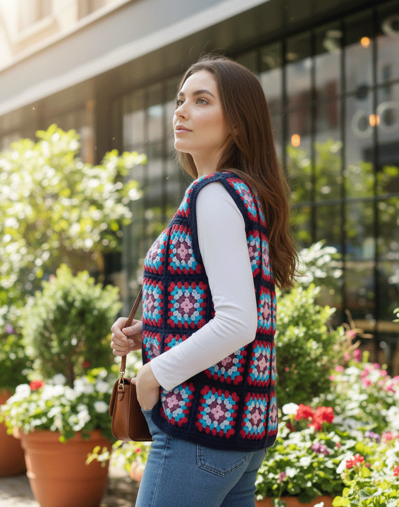 Renkli Rüyalar El Örgüsü Granny Square Kadın Yeleği