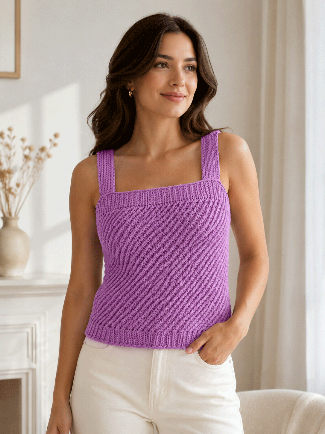 Lila Örgü Askılı Triko Bluz